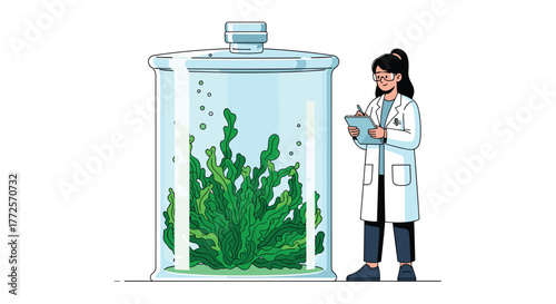 Scientist attentively observes thriving green algae cultivation in laboratory experiment for sustainable research and innovation