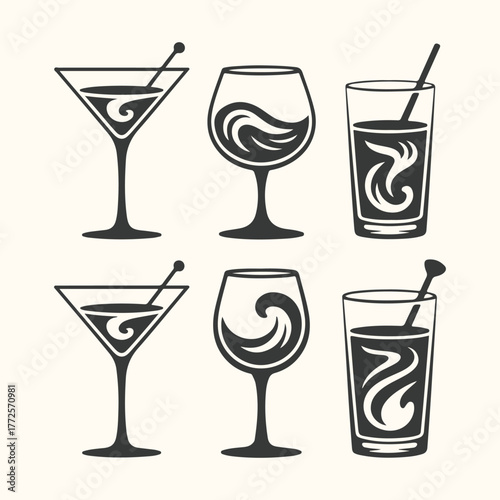 Set of six stylized cocktail glasses and drinks, isolated on a light cream background