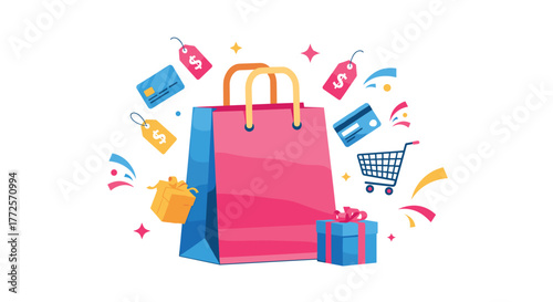 Exciting shopping spree with vibrant gifts, credit cards, and sale tags, perfect for promoting retail success and consumer joy