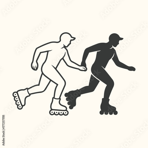 Two rollerbladers, one in silhouette and one outlined, skating side by side with a neutral background