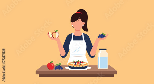 Joyful baker presents delicious homemade pie ingredients, inspiring culinary creativity and wholesome baking moments at home