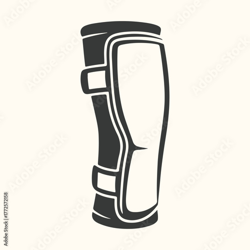 Black and white illustration of a shin guard with straps, isolated on a light cream background
