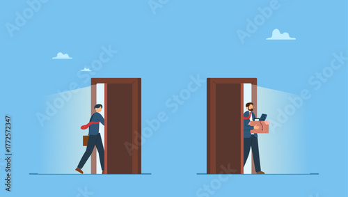 Businessman new hire entering office while other resigned for new job. Staff turnover or job rotation in people management, human resources to manage to recruit new people for replacement.