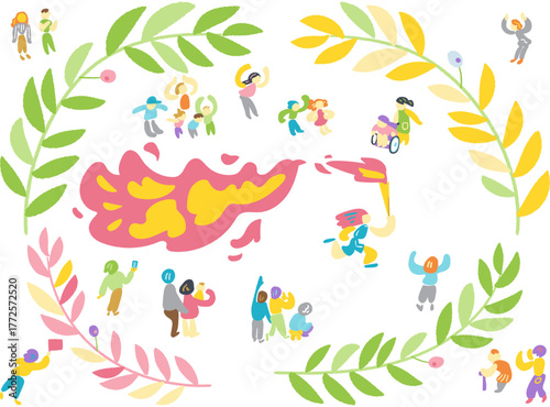 希望の炎を囲み、声援を送る人々のトーチラン — 多様な人が希望をつなぐシンボルイラスト
