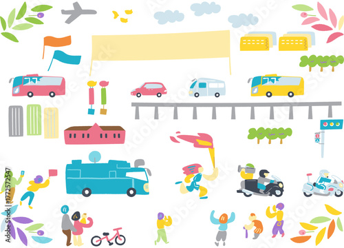 街を駆け抜け、希望の火をつなぐ聖火ランナーと中継車 — 挑戦と連携を象徴するベクターイラスト

