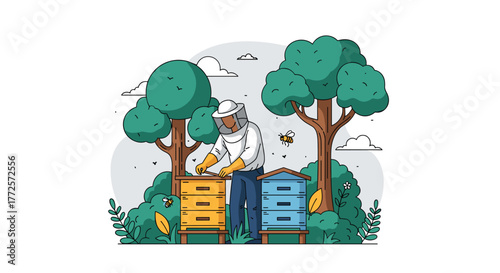 Dedicated beekeeper tending hives amidst lush trees and buzzing bees, a symbol of natural harmony and sustainable agriculture