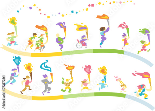 トーチをつなぎ、希望の火を受け渡すランナーたち — 挑戦と連携の象徴となるベクターイラスト
