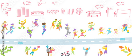 街を駆け抜ける多様な市民ランナー — 希望と未来を走り続ける象徴的イラスト
