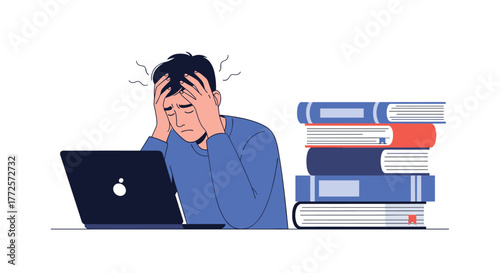 Stressed student overwhelmed with study and work, clutching head in frustration next to laptop and stack of books