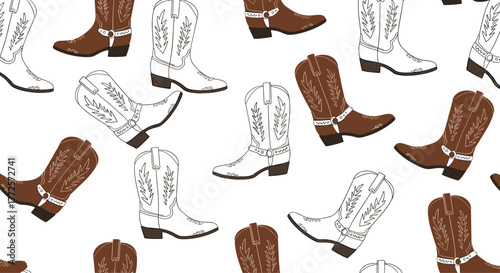 Charming cowboy boot pattern in classic brown and white sketches evokes a stylish, Western aesthetic for fashion and design projects