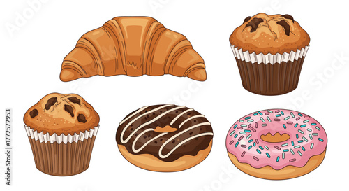 Delicious baked treats including flaky croissants, rich chocolate donuts, and sweet muffins perfect for cafe menus or breakfast promotions