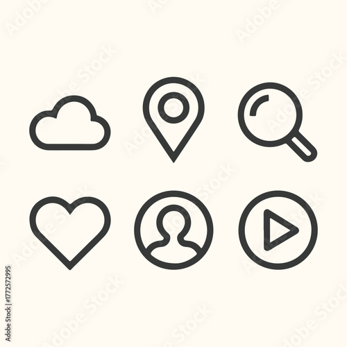 Set of six simple outline icons including a cloud, map pin, search magnifying glass, heart, user profile, and play button