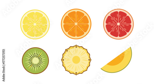 Colorful citrus and tropical fruit slices in flat design on white background