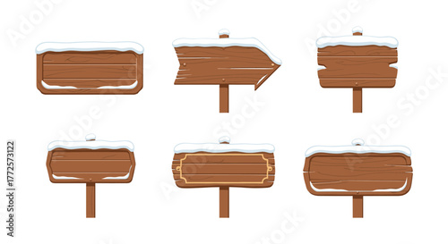 Snow-capped wooden signboards set with arrow direction isolated on white background