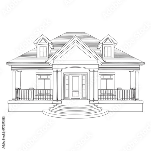 Architectural line drawing of a two story house with dormer windows and a porch home building