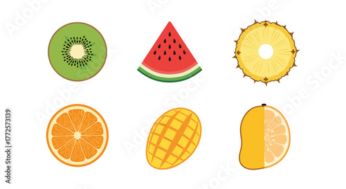 Colorful assorted fruit slices in flat style with vibrant details