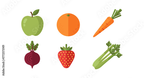 Colorful flat fruit and vegetables collection with apple, orange, carrot, beet, strawberry, and celery