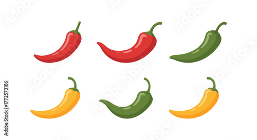 Colorful cartoon chili peppers in curved design on white background