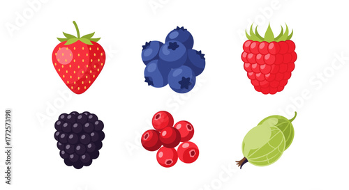 Colorful fruit set featuring strawberries, blueberries, raspberries, and berries on white background