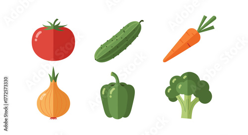 Colorful flat design vegetables including tomato, cucumber, carrot, onion, bell pepper, and broccoli