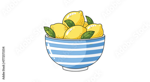 Bright yellow lemons with green leaves fill a charming blue and white striped bowl, perfect for vibrant, fresh culinary or decorative themes