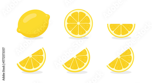 Fresh citrus collection featuring whole and sliced lemon pieces with shadows
