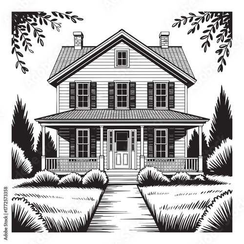 Black and white illustration of a two story house with a porch and trees home building