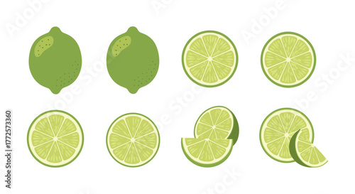 Fresh lime set with whole and sliced citrus pieces in flat design