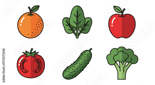 Colorful flat icons of fresh fruits and vegetables featuring orange, spinach, apple, tomato, cucumber, and broccoli