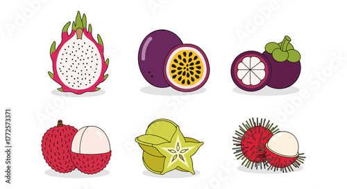 Exotic tropical fruits collection featuring dragon fruit, passion fruit, and more