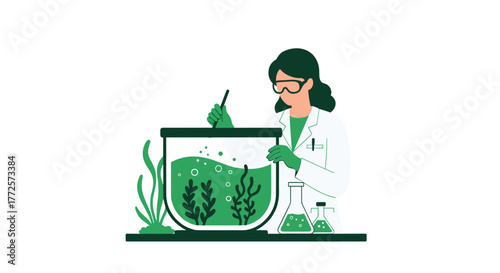 Dedicated scientist carefully examines aquatic plants in lab beaker, researching nature's potential for innovation and discovery