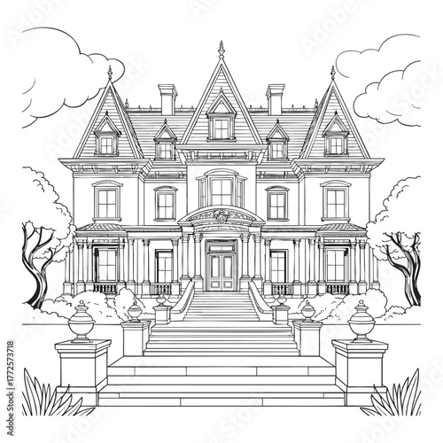 Black and white line drawing of a grand Victorian mansion with a large staircase house
