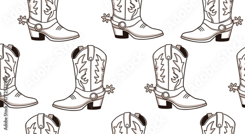 Classic cowboy boots with spurs create a dynamic western pattern perfect for country themes and vintage styles