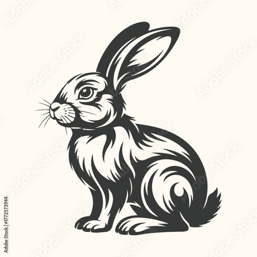 Stylized black and white illustration of a rabbit sitting on a plain background