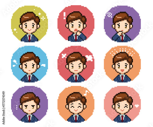 ドット絵スーツ男性の表情別丸アイコン