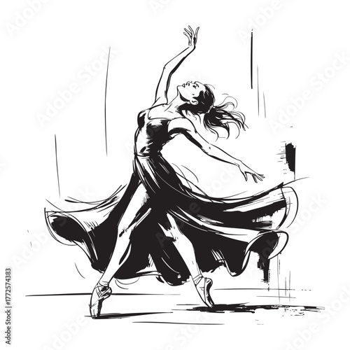 Black and white sketch of a ballerina in a flowing dress dancing gracefully dance ballet