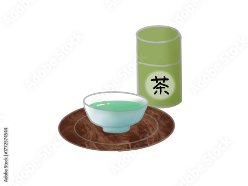 Illustration of a cup of green tea and a tea caddy