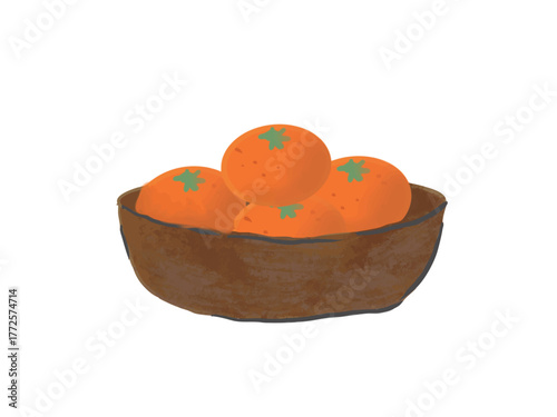Illustration of several mandarin oranges in a palanquin