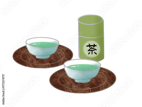 Illustration of two cups of green tea and a tea caddy