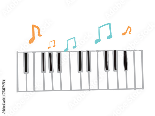Illustration of musical notes and white keys