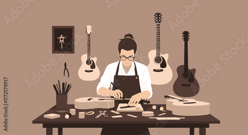 Skilled luthier meticulously crafts acoustic guitars in a dedicated workshop, surrounded by musical instruments and tools, showcasing artisanal dedication