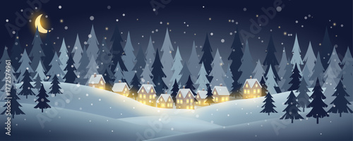 Winter night scene with cozy houses glowing in snowy pine forest under crescent moon and gentle snowfall. Vector illustration.