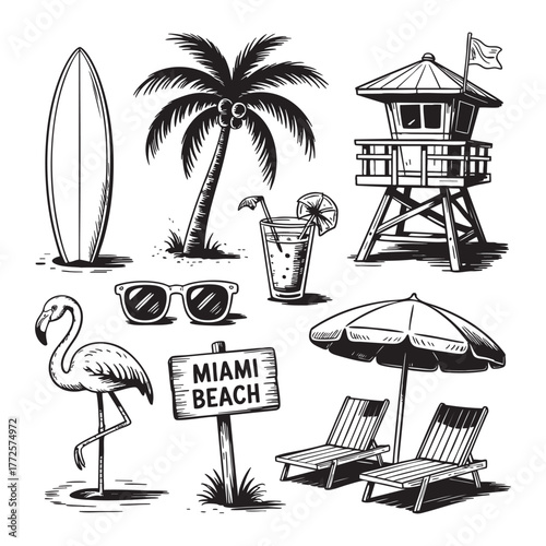 Black and white sketch of beach vacation elements including surfboard palm tree lifeguard tower