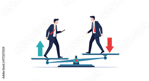 Businessmen on scales representing financial growth and decline with upward and downward arrows showing economic trends