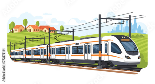Sleek modern commuter train speeds through picturesque countryside towards a distant cityscape, symbolizing progress and connectivity