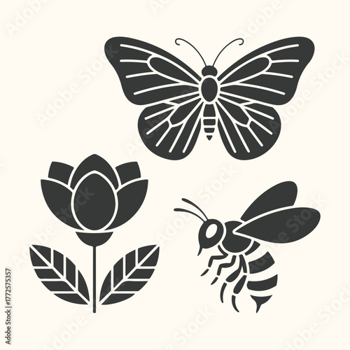 Black silhouette of a butterfly, a bee, and a flower with leaves on a cream background