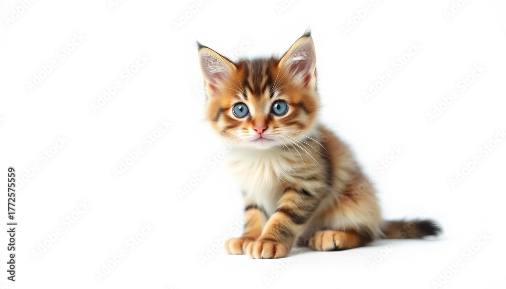 Obraz premium A fluffy tabby kitten sits alone on a white background, looking directly at the camera, pet photography, white background