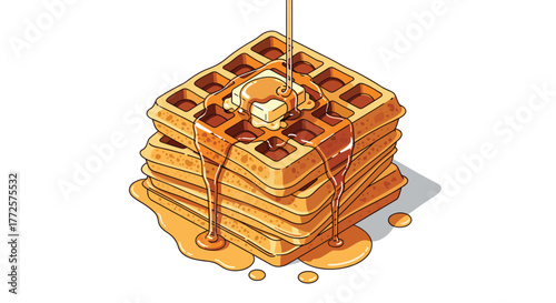 Stacked waffles generously drizzled with warm syrup and topped with a melting pat of butter, perfect for breakfast or dessert cravings