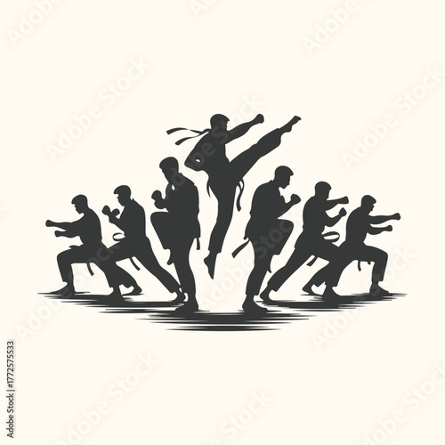 Silhouette of martial artists performing karate moves