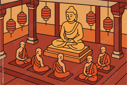 Tranquil meditation scene with monks and buddha in line art style